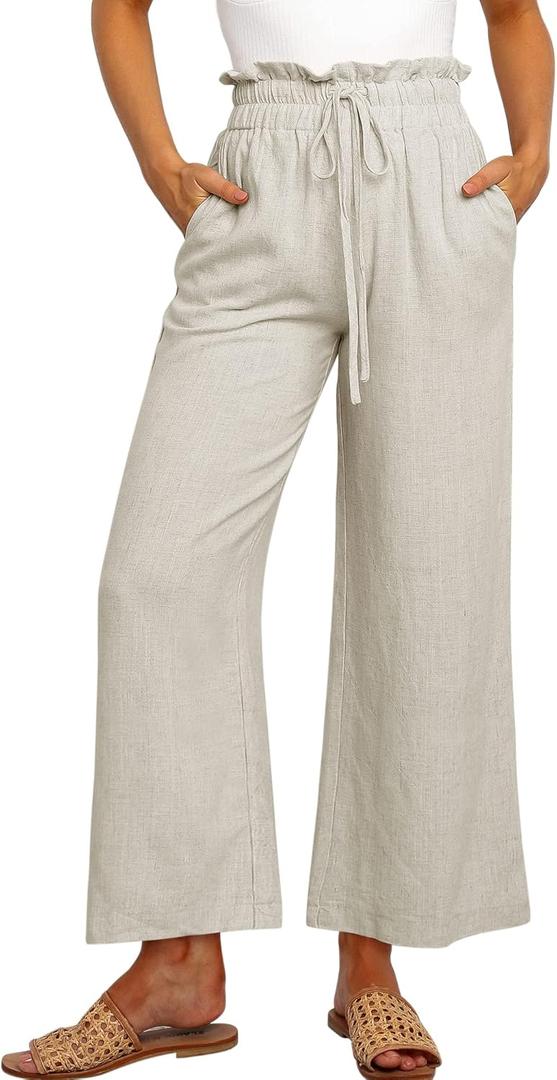 ANRABESS Women Linen Pants Casual Loose High Waist Boho Wide Leg Cropped Palazzo Beach Pants Summer Outfits 2025 Trendy (Large, Beige)