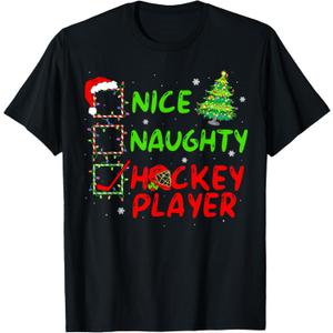 Nice Naughty Hockey Player Check List Christmas Santa Claus T-Shirt, Size M
