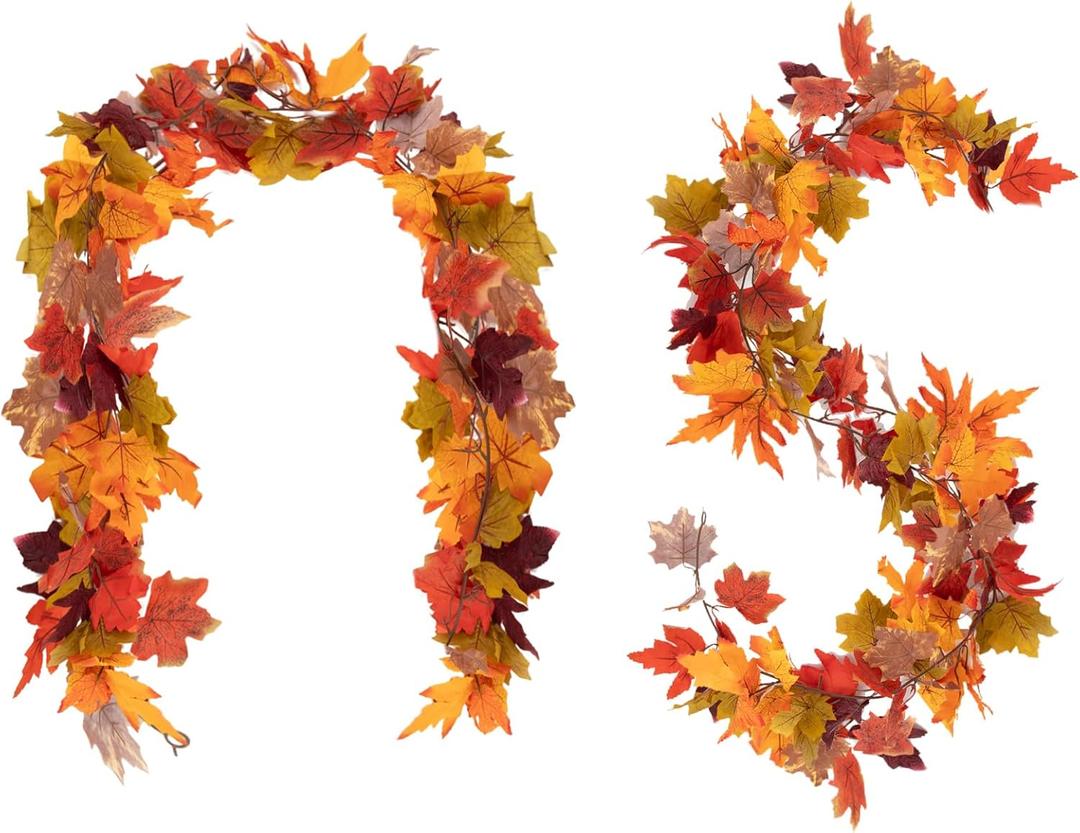 Thanksgiving Fall Leaf Garland - 2PCS Maple Fall Decorations for Home,5.7Ft Autumn Party Wedding Decor Hanging Artificial Leaf Garlands for Indoor Outdoor Christmas Halloween Decorations