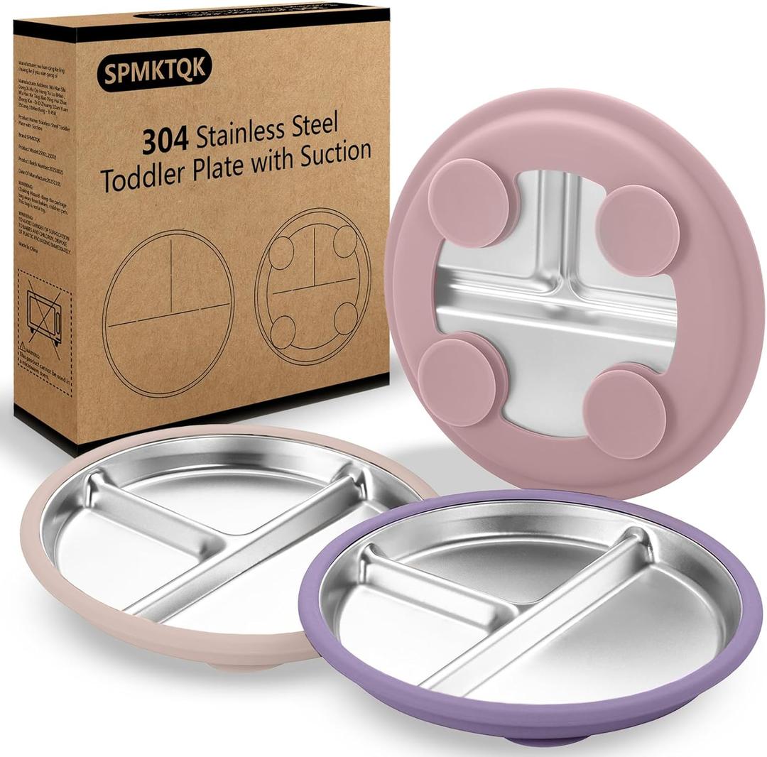 SPMKTQK 3Pack Stainless Steel Kids Plates, 8.1" Divided Kids Plate with Removable Silicone Suction Sleeves for Baby Highchairs, Non Toxic BPA Free Non-Slip Unbreakable Snack Lunch Plates (Taro purple, mulberry, light pink)
