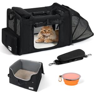 pidipiti 25''(L) x 17''(W) x 17''(H) Extra Large Expandable cat Carrier for car Travel,Soft Crate for 1 Large / 2 Medium Cats up to 35 lbs,Long Road Trip cage with a Leakproof Portable Litter Box