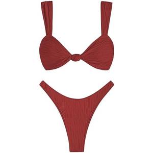 ZAFUL 2025 Cheeky Bikini Sets for Women High Cut Swimsuit Textured Ribbed Bikini Thong Bathing Suit, M Red