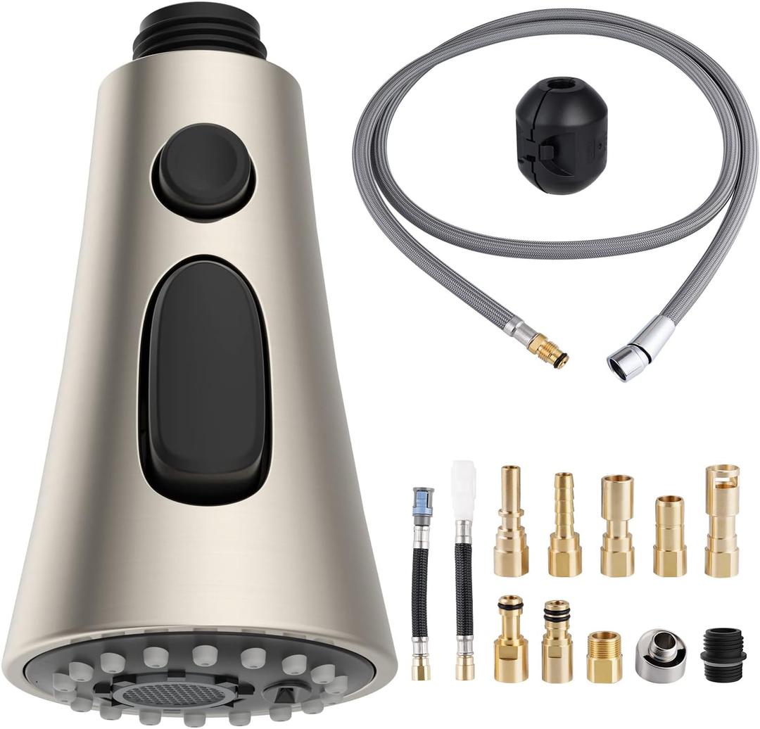 Hygie Rinse Kitchen Faucet Head Replacement Set Compatible with Moen Delta Kohler Faucet, Pull Down Kitchen Faucet Sprayer Set, 67in Faucet Hose and 14.1oz Weight Ball, Brushed Nickel