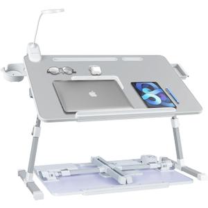 iXTRA Laptop Lap Desk with Cooling Fan - Adjustable Bed Desk with Light, Bed Table with Cup Holder&Phone Holder - Storage Drawer Desk - Folding Bed Desk,Grey,70x45cm