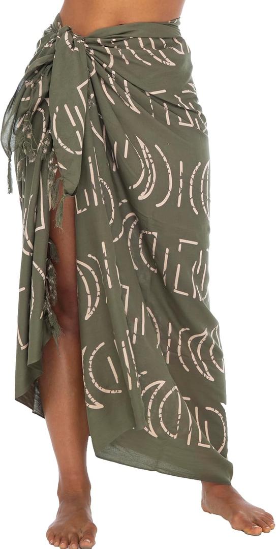 Back From Bali Womens Print Sarong Coverup Swimsuit Pareo with Boho Fringe & Coconut Clip - Wrap Skirt or Beach Shawl (Khaki)
