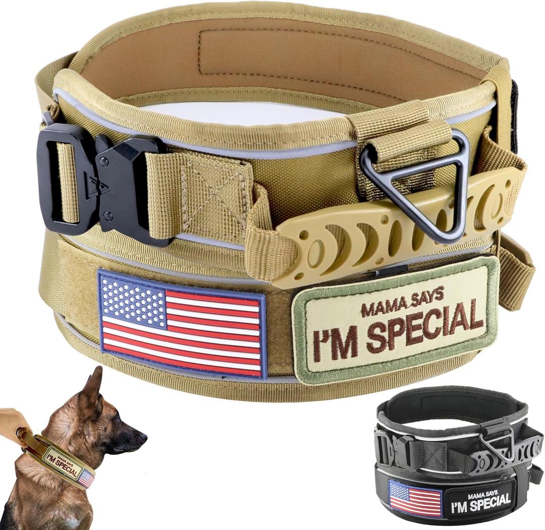 2.5" Tactical Dog Collar for Large Dogs, Adjustable Heavy Duty Military Nylon Dog Collar with Reflective Stitching & Padded Handle for Hiking/Running/Training (Khaki, L,XL)