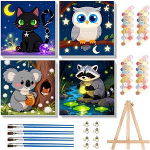 4 Pack Paint by Numbers Kit for Kids with Frame,Cute Animals Kids Paint by Numbers Ages 4-8-12 with Wooden Easel,Easy DIY Acrylic Oil Painting by number Aniamls for Gift Home Wall Decor(8x8 inch)