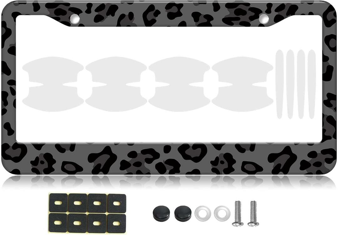 Black Leopard Pattern Metal License Plate Frames with Car Door Handle Films - 1PC Cheetah Print Universal Plate Holders for Men & Women