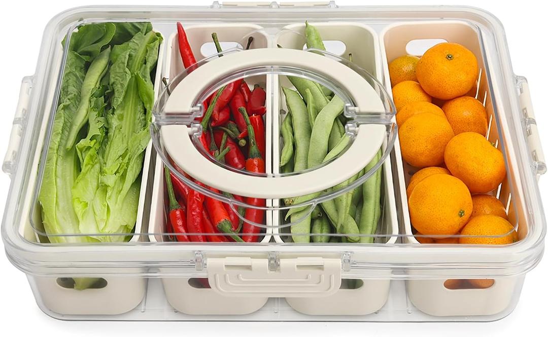 shopwithgreen Salad Bar Containers for Fridge with Lid and Handle, Fruit Storage Containers with 4 Removable Colanders, Berry Box Fresh Produce Saver for Fruit, Veggie, Refrigerator, Kitchen, Picnic