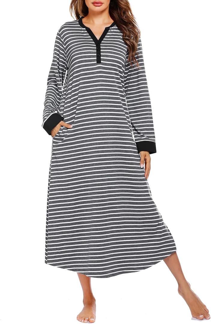 Ekouaer Womens Nightgown Long Loungewear V Neck Nightshirt Sleepwear Full Length Sleepshirt with Pockets (X-Large, Grey White Striped)