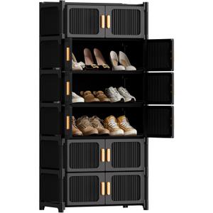 Shoe Rack, 7 Tier Shoe Storage Cabinet with 6 Doors, 21 Pair Plastic Shoe Cabinet with Waterproof, Outdoor Shoe Shelves Organizer for Entryway, Bedroom, Hallway,Living Room, Black