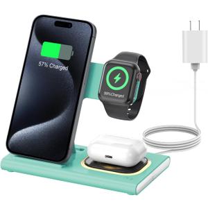 3 in 1 Charging Station for iPhone 17 - Wireless Charger for Apple Products for iPhone 17 16 15 14 13 12 11 Pro Max - Foldable Wireless Charging Station Dock Stand for iWatch Series & AirPods(Green)
