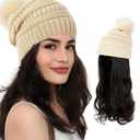 AynnQueen Beanie with Hair Attached for Women Slouchy Cable Hat Wig Knit Beanie Winter Hat with 20inch Removable Hair Extensions Wig (Dark Brown-Khaki Hat)