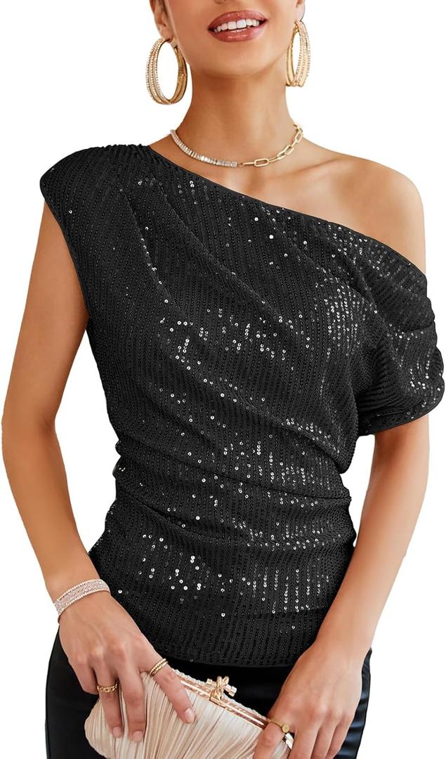 GRACE KARIN One Shoulder Sequin Sparkly Tops for Women Ruched Asymmetrical Glitter Tops Slimming Sparkle Party Shirts (Large, Black)