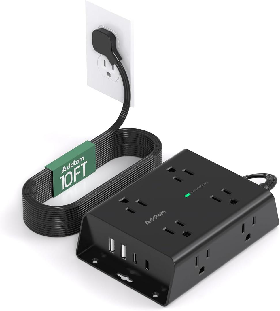 10FT Flat Plug Extension Cord with Multiple Outlets, Surge Protector Power Strip 10 ft Cord, 8 Outlets 4 USB Ports (2 USB C), Multi Outlet Wall Plug for Home Office College Dorm Room Essentials, Black