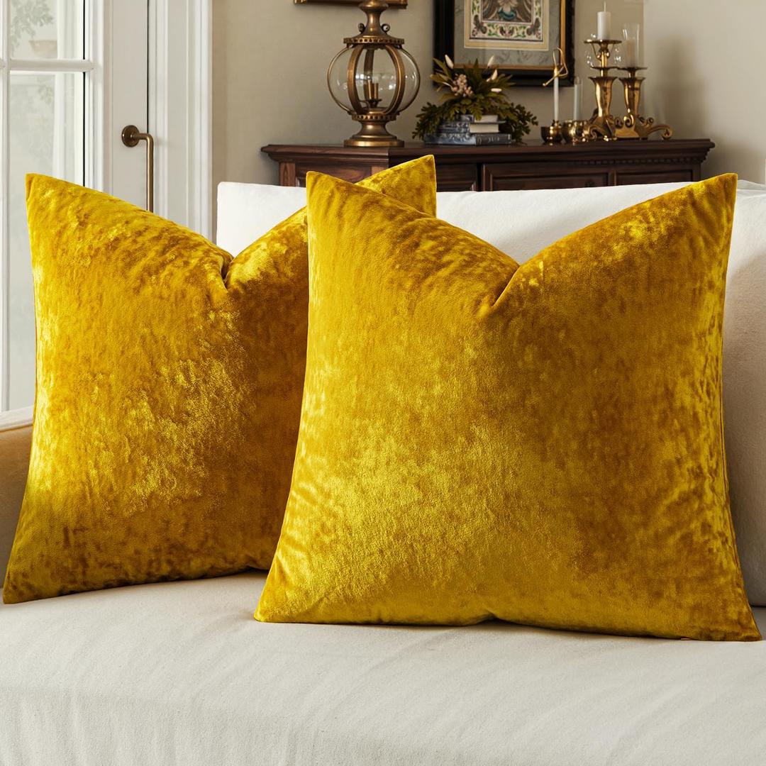 MIULEE Velvet Throw Pillow Covers Set of 2, Soft Neutral Decorative Pillow Cases with Luxurious Textured Vintage Cushion Covers for Home Decor Couch Sofa Bed,Golden Mustard Yellow18x18 inch