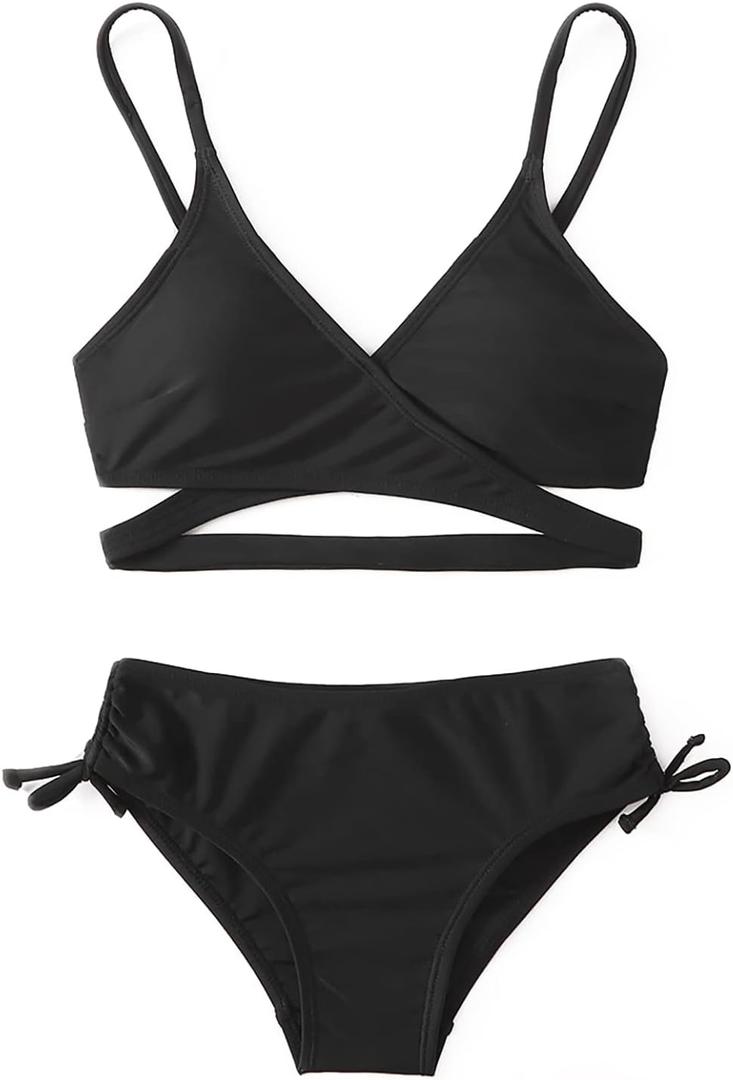 MIENOE Teen Girls' Swimsuits Two-Piece V-Neck Bikini Adjustable Shoulder Straps Swimsuit Kids Bikini with Chest Pad (6-8 Years, Black - Cross Style)