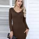 Valiamcep Women's Mini Dress V Neck Ruffle Long Sleeve Ribbed Slim Fitted Bodycon Pencil Dresses (Brown, S)