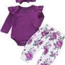 Newborn Baby Girl Clothes, Infant Girl Outfits Long Sleeve Ruffle Romper + Floral Pants + Headband Set (6-9 Months, Purple & White)