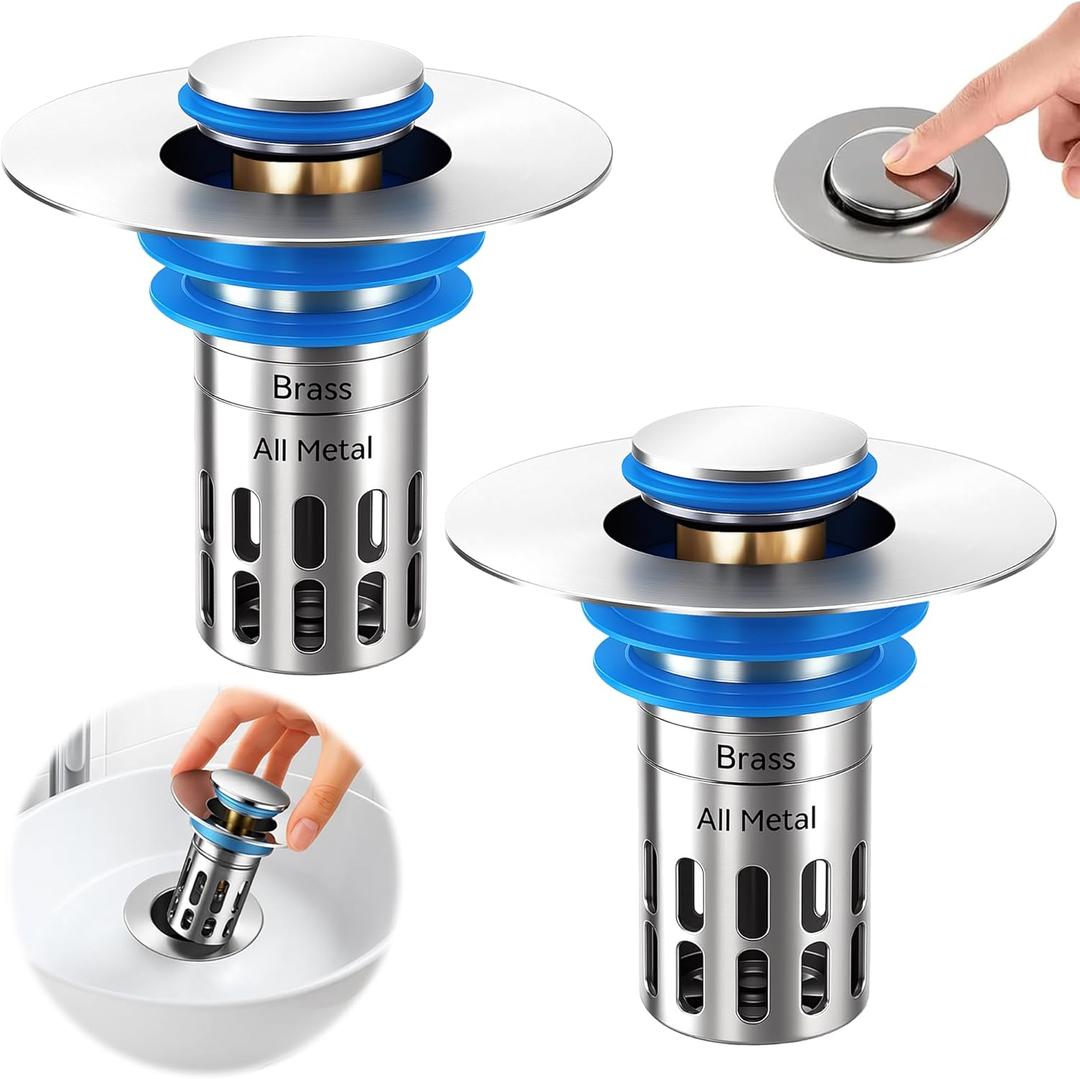 Bathroom Sink Stopper,Pop Up Drain for Bathroom Sink,Sink Stopper Hair Catcher,Silent Popper Core w/Removable Stainless Steel Filter Basket,Sink Drain Plug Fit for 1.05~2.0'' (Silver Polished, 2 Pack)