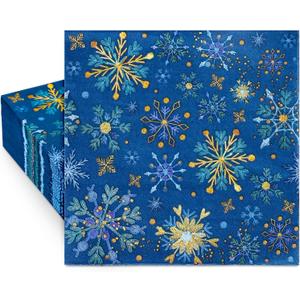 Whaline 80 Pack Winter Snowflake Paper Napkins Christmas Disposable Napkins Blue Gold Xmas Luncheon Dinner Napkins for Party Supplies Table Decor, 6.5 x 6.5 Inch
