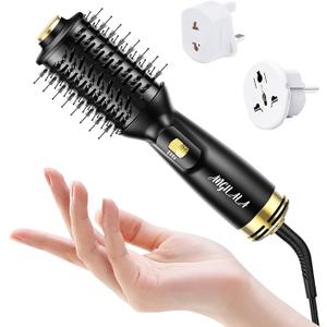 ANGILALA Dual Voltage(100~250V) Mini Hair Dryer Brush with European Plug Adapter for International Travel, Europe Travel Essentials for Women