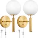 Dimmable Plug in Wall Sconces Set of 2 with Milky Glass Globe Shade, Gold Wall Light with Plug in Electric Cord Dimmer Knob Switch Mid Century Modern Vintage Wall Lamp for Bedroom Bedside Living Room