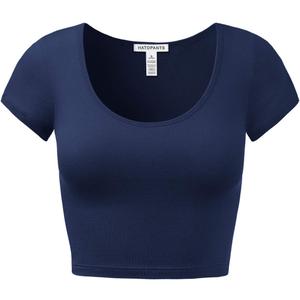 Women's Cotton Crop Tops Short Sleeve Scoop Neck Stretchy Casual Shirt (Large, 011-navy-1)