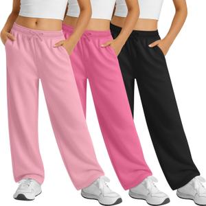 3 Pack Girls Sweatpants Elastic Waist Wide Leg Pants with Bow Kids Casual Loose Joggers with Pockets 13-14 Years