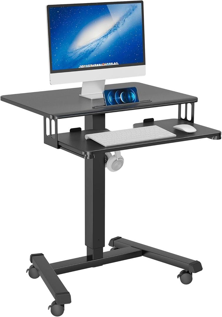 BONTEC Mobile Standing Desk with Keyboard Tray, Mobile Podium, Computer Workstation Up to 33lbs, Laptop Sit or Stand Desk on Wheels, Height Adjustable Stand Up Table for Living Room, Bedroom, Office (Black)