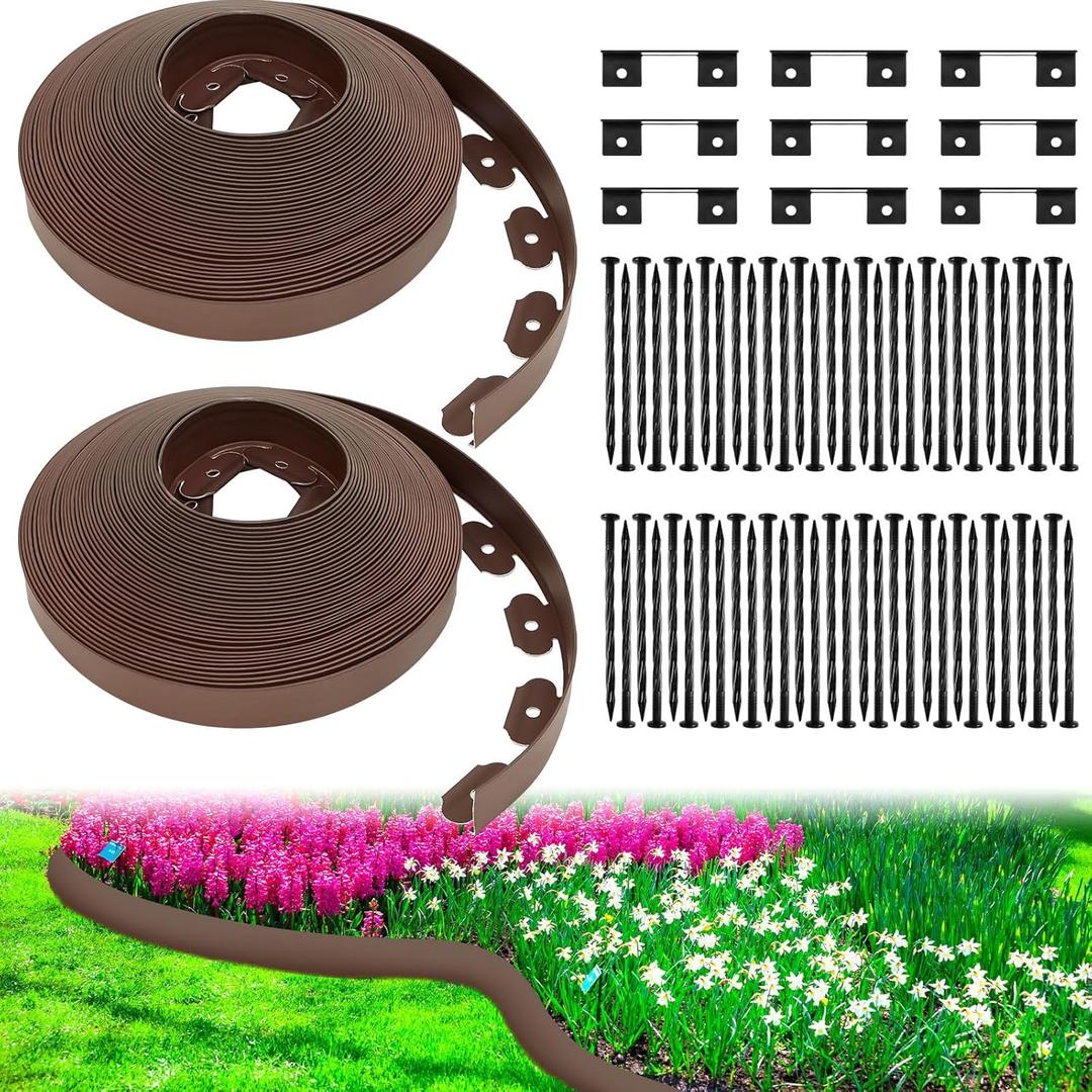 Sasylvia 1.5'' x 200' Landscape Edging Kit Edging Border Coil Include 120 Anchoring Spikes 10 Connectors Plastic Garden Border for Lawn Garden Grass Yard Home(Brown)