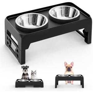Elevated Dog Bowls for Small, Medium Dogs - Adjustable Mess Proof Raised Dog Bowl Stand with 2 Premium 17oz Stainless Steel Food Bowl Dish Feeder Adjusts to 2.6- 5.3, Non-Slip Black