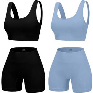 4 Piece Workout Sets for Women Seamless Ribbed High Waist Yoga shorts with Sports Bra Outfits (Large, Black/Lake Blue)