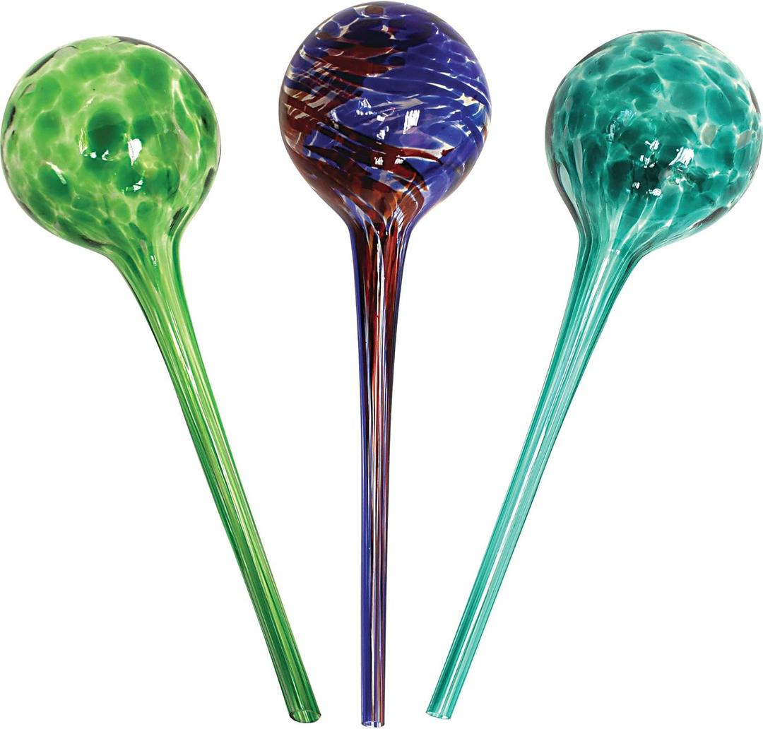 Plant Watering Globe Set, Set of 3, Indoor & Outdoor, Colorful Multicolored Hand-Blown Glass for Everyday Use