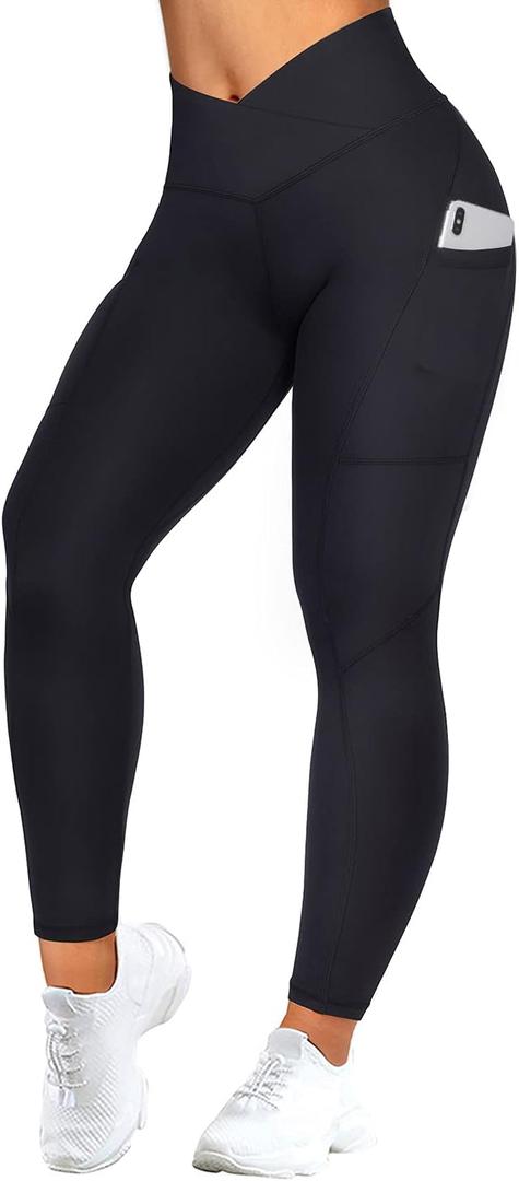 MOOSLOVER Women V Cross Waist Butt Lifting Leggings with Pockets High Waisted Yoga Pants (Medium, #2 Black-713)