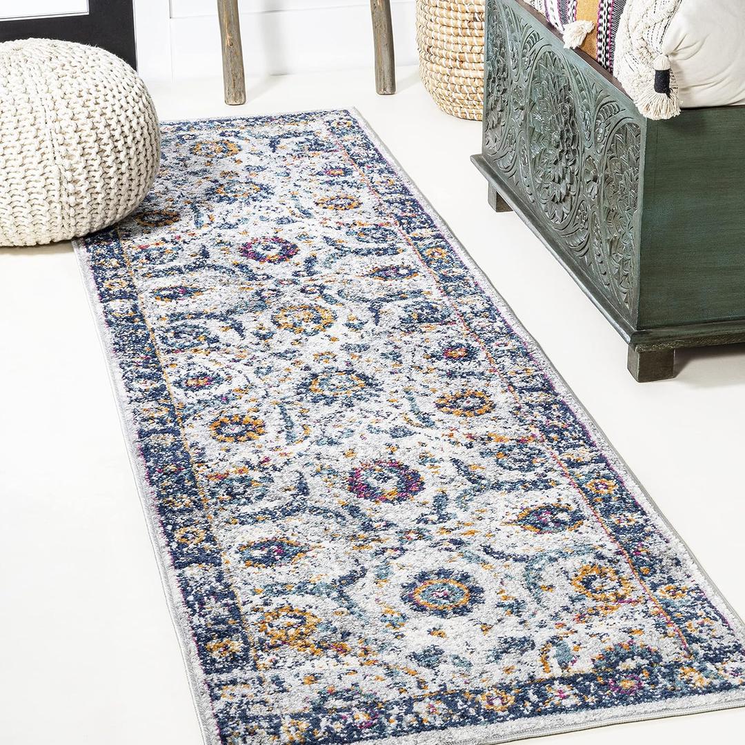 JONATHAN Y MDP210A-28 Izil Modern Indoor Area-Rug Bohemian Vintage Easy-Cleaning Bedroom Kitchen Living Room Non Shedding, 2 X 8, Light Gray/Blue (2ft3" x 8ft (Rectangular))