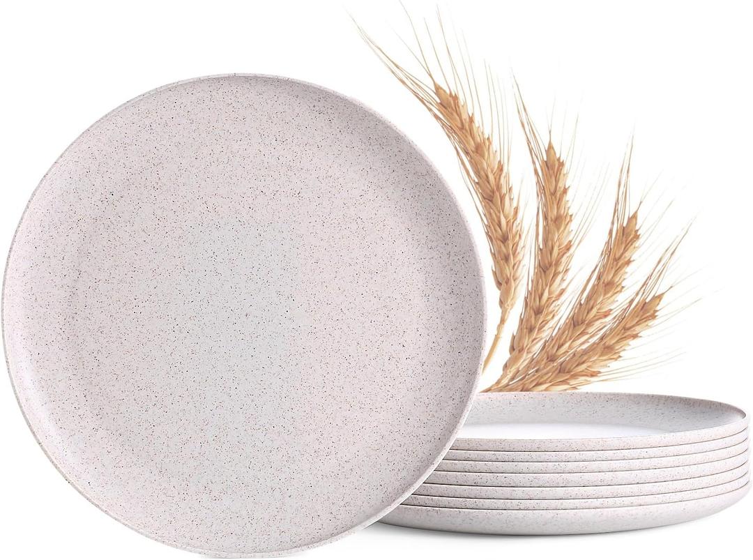 MISS BIG 10 inches Wheat Straw Plates,Plastic Plates Reusable Set of 8,Dinner Plates for Kids&Adults,Dishwasher & Microwave Safe,Eco-Friendly,BPA Free(Wheat White)