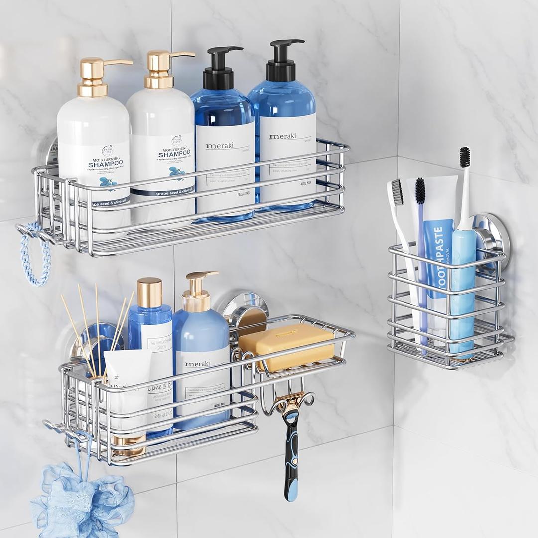 TAILI Shower Caddy Suction Cup, 3 Pack Shelves for Inside with Hooks & Soap Holder Toothbrush Cups, Removable Bathroom Organizer, Rustproof Silver Storage-Silver