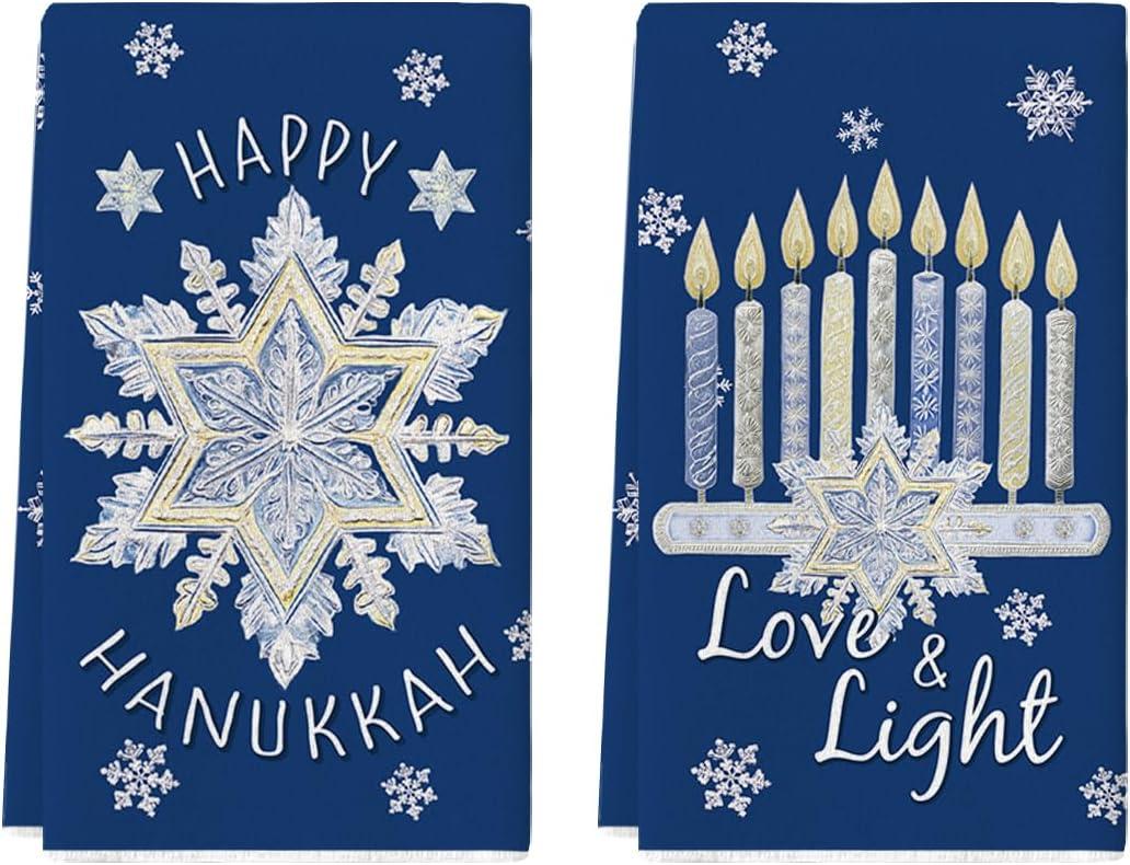 Artoid Mode Snowflake Star Candle Happy Hanukkah Kitchen Towels Dish Towels, 18x26 Inch Farmhouse Holiday Decoration Cleaning Set of 2