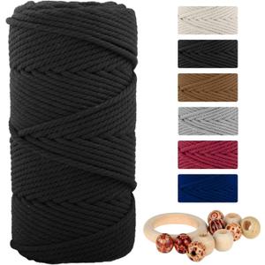 Natural Macrame Cord Cotton Rope with Wooden Beads & Rings, 6mm x109 Yards 4 Strand Twisted, Munzong Handmade Macrame Rope for Wall Hanging, DIY Craft, Knitting Plant Hanger(100m, Black)