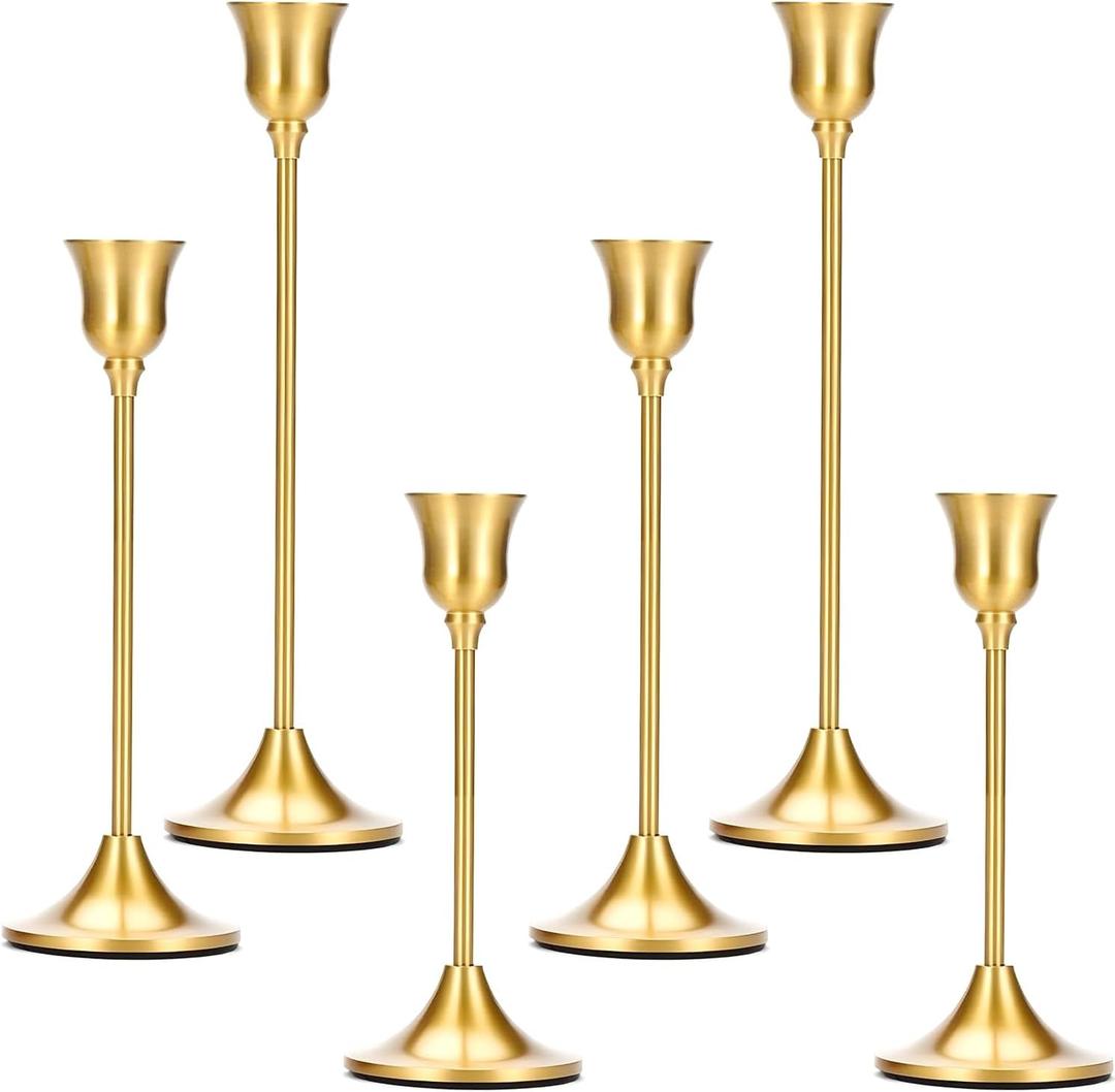 2 Sets(6 Pcs) Candle Stick Holders Brass Gold Metal Taper Candle Holders, Vintage Modern Decorative Centerpiece Candlestick Holders for Table Mantel Wedding Housewarming Gift
