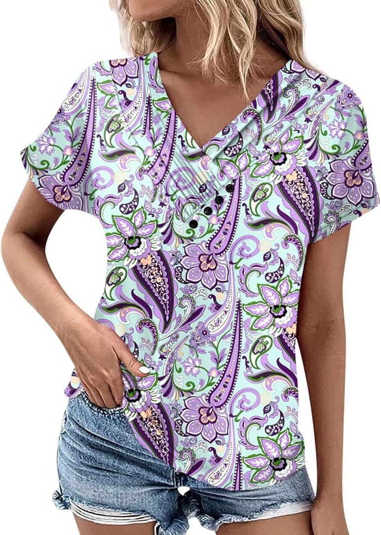 Womens Tops Summer Casual V Neck Shirts Trendy Floral/Graphic Print Tie Dye Tunics Basic Short Sleeve Tees, XL 