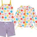 SwimZip Girls' 3 Pc Swim Set w/Long Sleeve Rash Guard, Tankini & Shorts UPF 50+, 8-10 Years