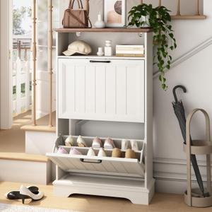 Shoe Storage Cabinet with 2 Flip Drawers, 24" W Farmhouse Modern Hidden Shoes Rack Cabinet with Adjustable Shelves & Open Storage, Narrow Slim Shoe Organizer for Entryway, Hallway, Antique White