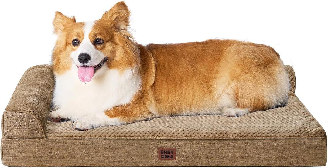 EHEYCIGA Large Dog Bed Memory Foam for Crate, Orthopedic Dog Bed Large Size Dogs with Washable Removable Cover, Waterproof Pet Sofa Couch with Nonskid Bottom, 35x22x6, Camel