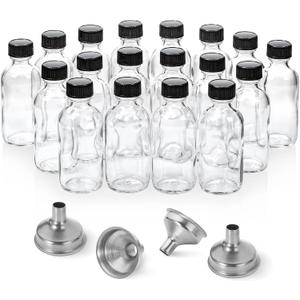 18 Pack, 2 oz Small Clear Glass Bottles w/ Lid & 4 Stainless Steel Funnels - 60ml Boston Sample Bottles - Mini Travel Essential or Decorative Bottles for Potion, Juice, Wellness, Ginger Shots, Whiskey