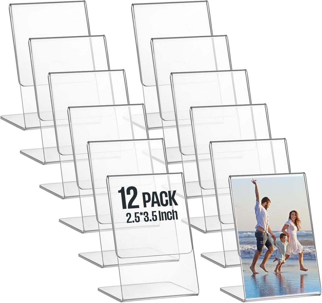 Ctosree 12 Pcs Acrylic Photo Frame L shape Slant Back Desktop Photo Frames Plastic Clear Sign Clear Acrylic Display Stand Table Top Sign for Home Office Wedding Restaurant Menu (2.5 x 3.5 Inch)