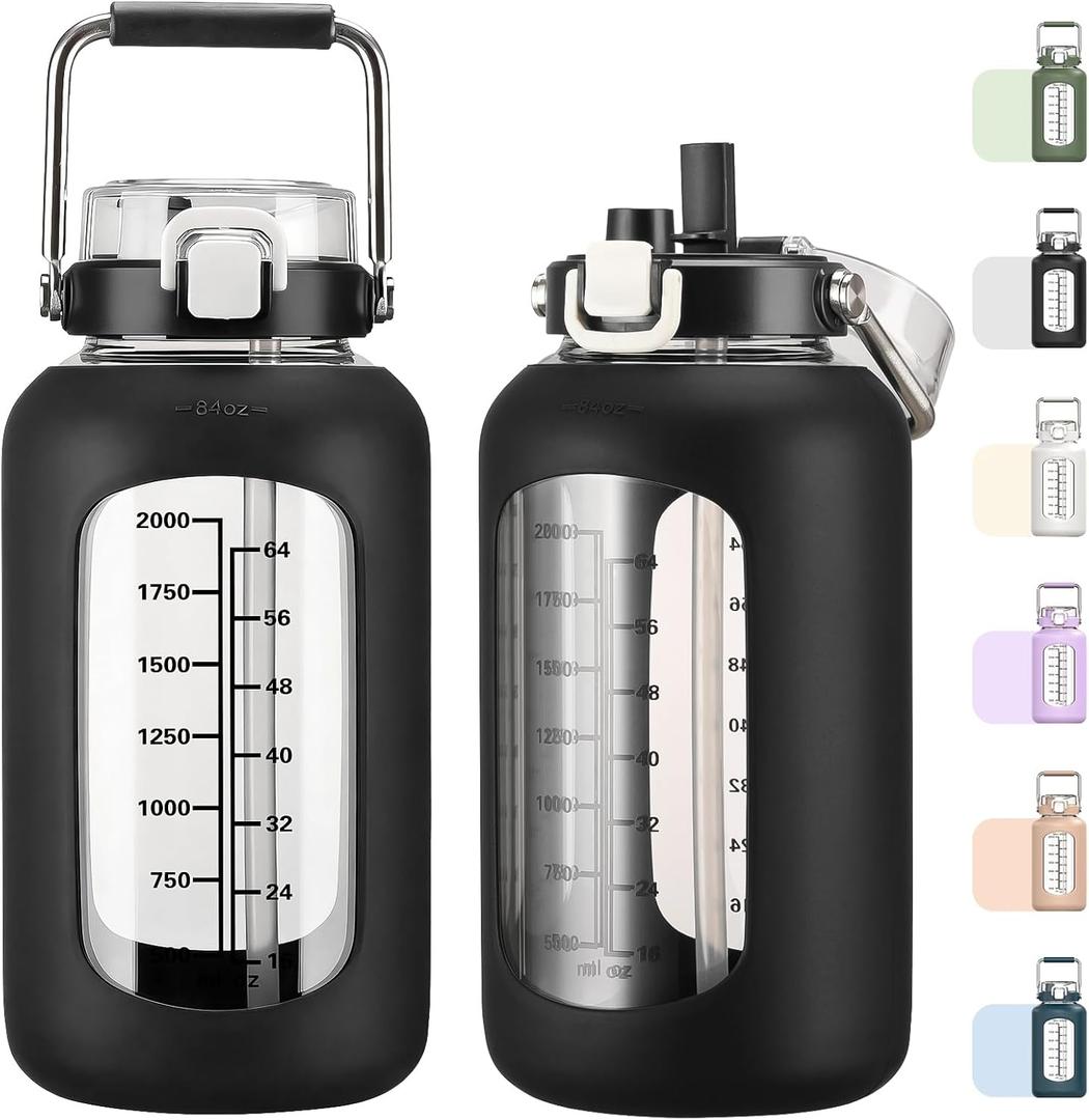 MUKOKO 84oz Glass Water Bottle with Time Marker and Silicone Sleeve 2.5L Water Jug with Stainless Steel Handle Gallon Drinking Bottle with 2-in-1 Lid Wide Mouth BPA Free, Black