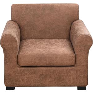 FUANGUI 2 Piece Chair Covers Stretch Arm Covers Chair Couch Covers, Faux Leather Looking Armchair Slipcover with Separate Chair Cushion Cover, Washable Chair Protector for Living Room - Light Brown