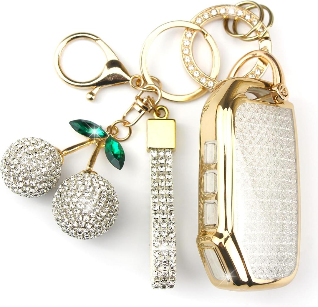 Rayslesan Sparkly Key Fob Cover with Cherry Keychain, Bling TPU Smart Key Case for Women, Compatible with Kia Cadenza Forte K5 NIRO Rio Seltos Sorento Soul Telluride (5-Button, Gold White)
